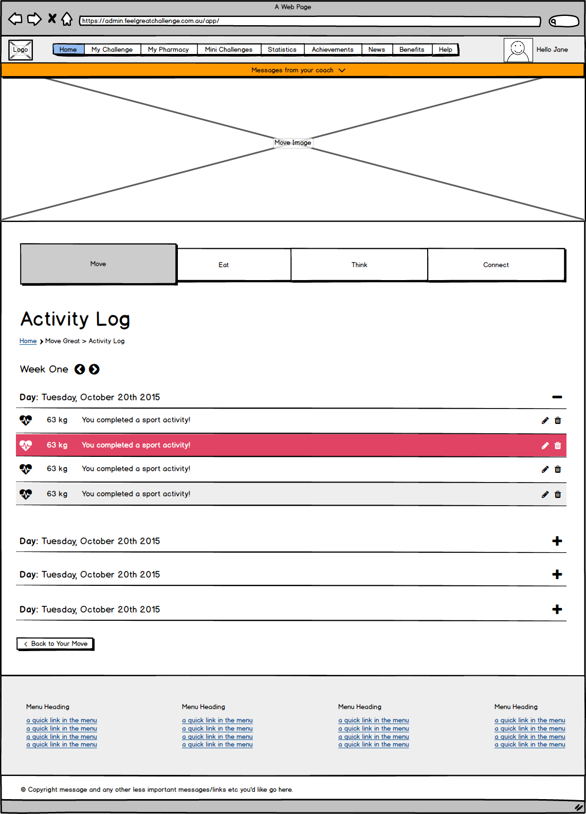 Activity log view in Move Great section.